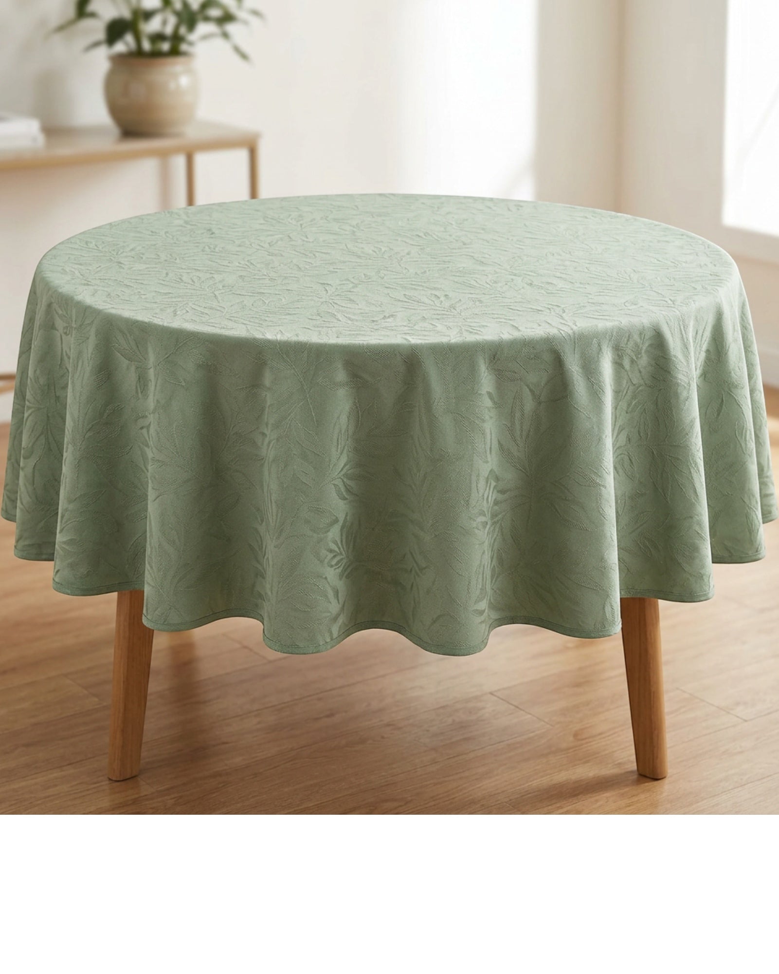 Feiy Cotton Jacquard Round Tablecloth 70 in Sage Green - Lifestyle view