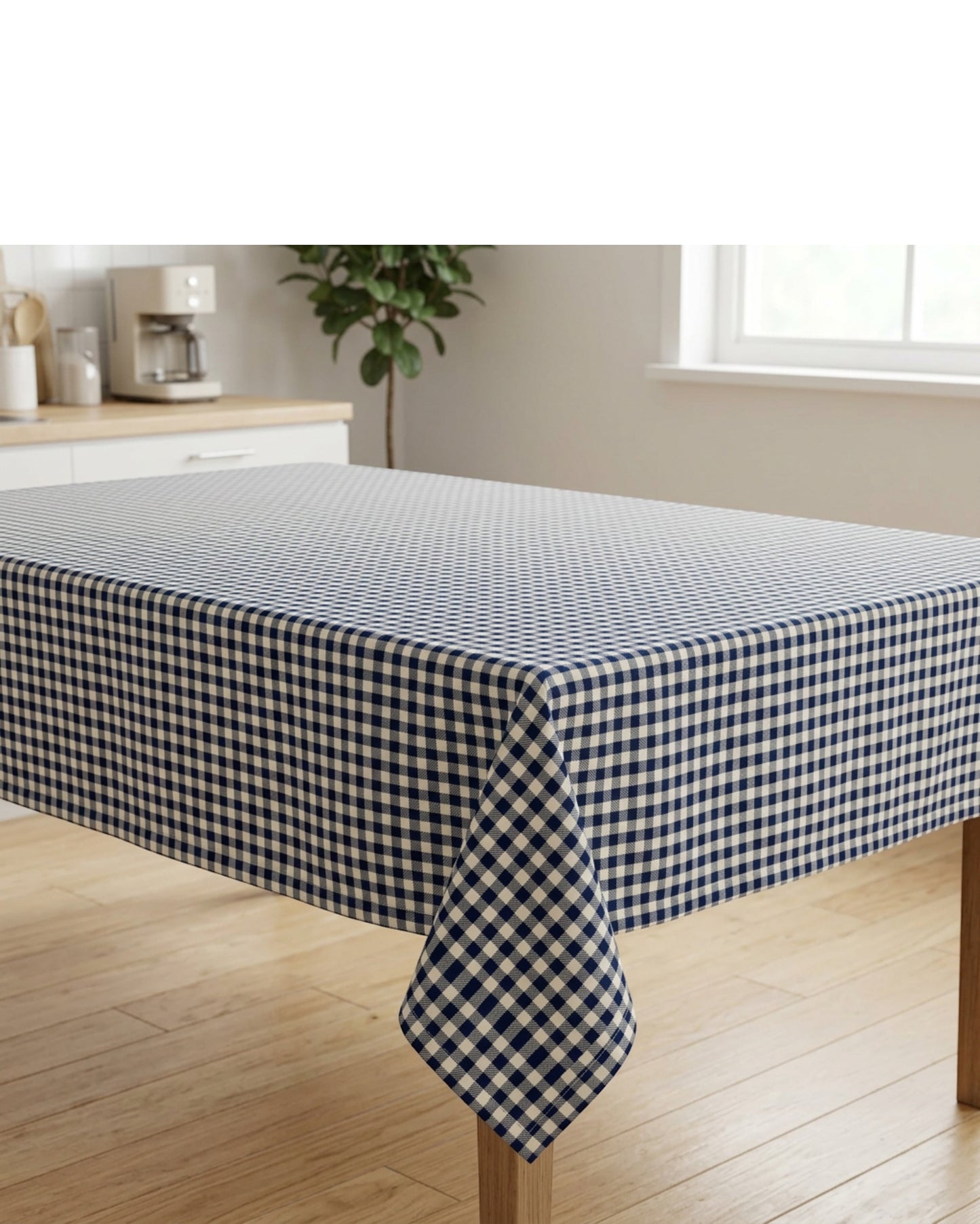 Feiy Spill-Resistant Check Tablecloth 60 x 84 in Navy and Ivory - Lifestyle view