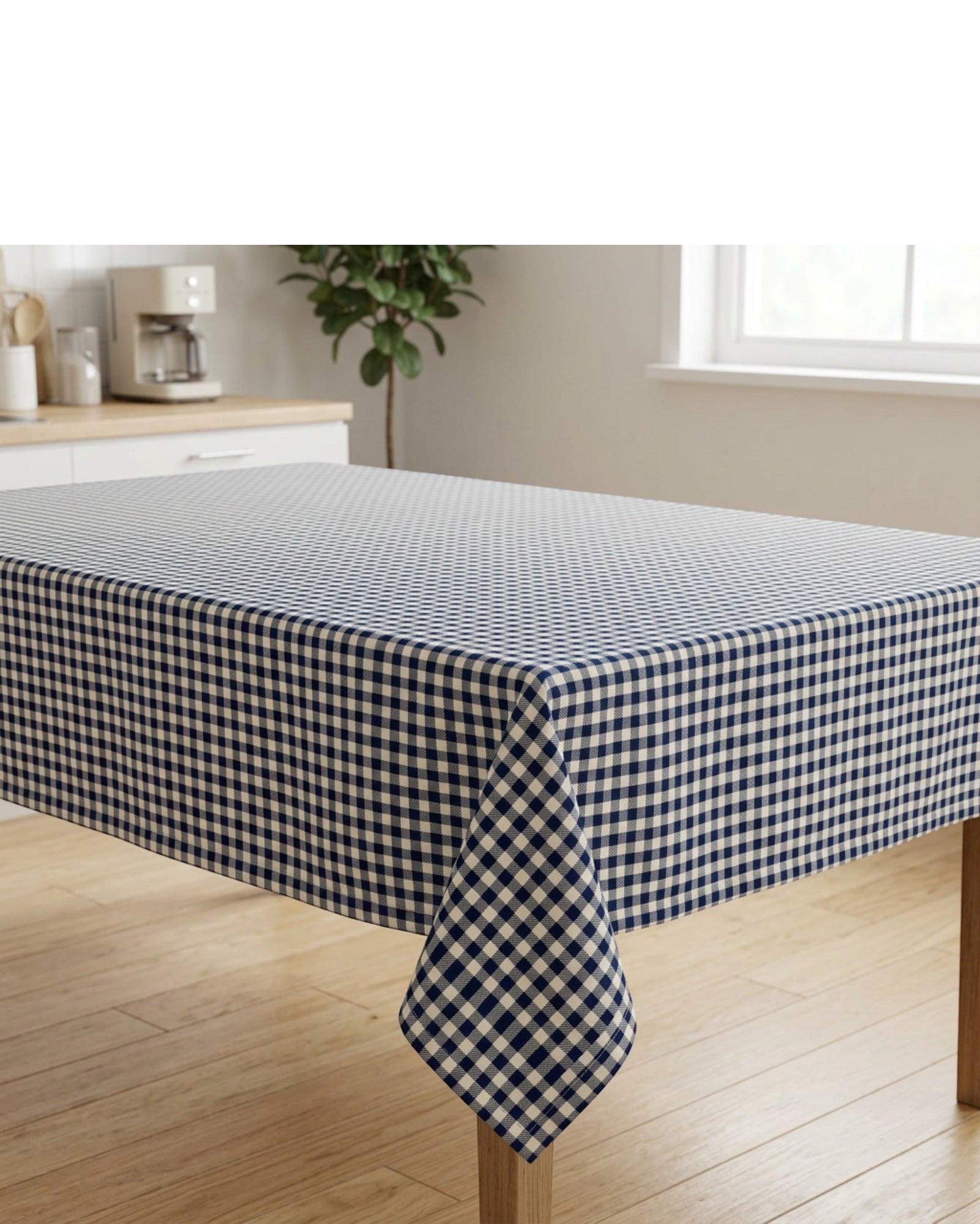 Feiy Spill-Resistant Check Tablecloth 60 x 84 in Navy and Ivory - Lifestyle view