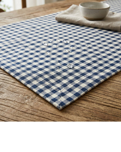 Feiy Spill-Resistant Check Tablecloth 60 x 84 in Navy and Ivory - Detail view